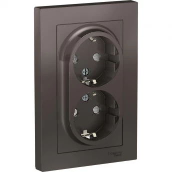 Розетка двойная SCHNEIDER ELECTRIC ATLASDESIGN с заземлением, со шторками, в сборе, мокко