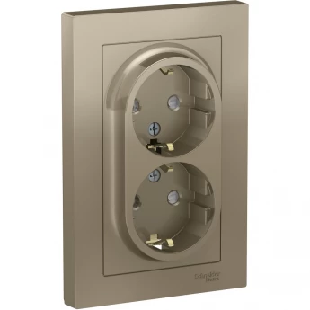 Розетка двойная SCHNEIDER ELECTRIC ATLASDESIGN с заземлением, со шторками, в сборе, шампань