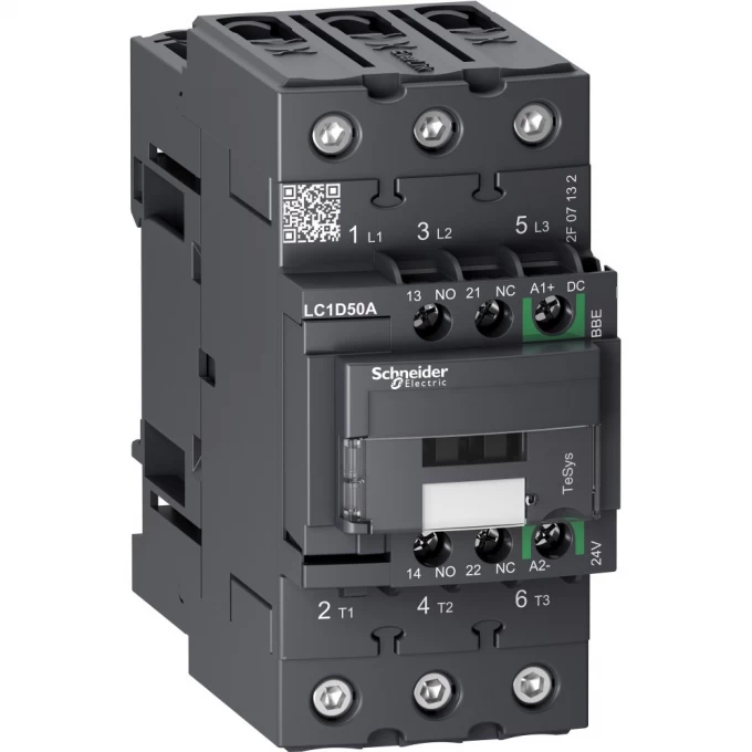 Контактор SCHNEIDER ELECTRIC TESYS 3P EVERLINK AC3 440В 50A, КАТУШКА УПР. 24В DC, пружинный зажим LC1D50ABBE Контактор SCHNEIDER ELECTRIC TESYS 3P EVERLINK AC3 440В 50A, КАТУШКА УПР. 24В DC, пружинный зажим LC1D50ABBE